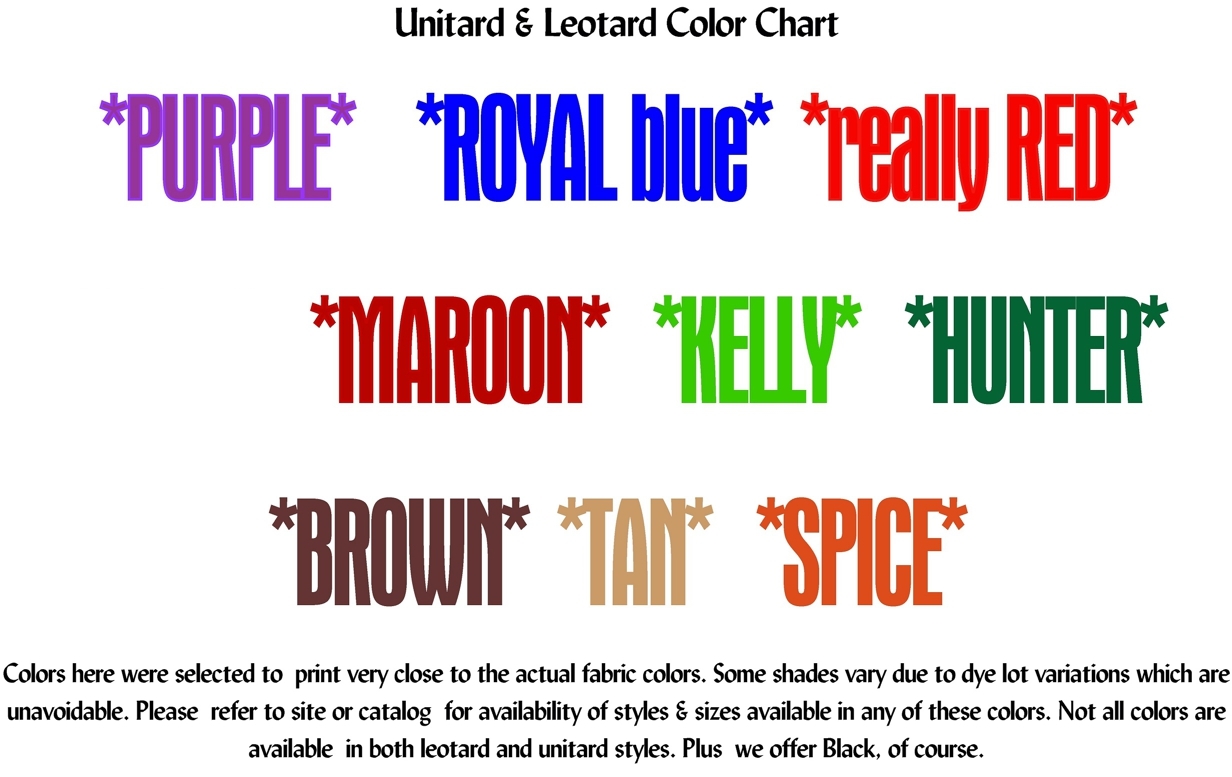 Color chart to approximate colors:purple, royal blue, really red, maroon,kelly green, hunter green, brown, tan, spice
